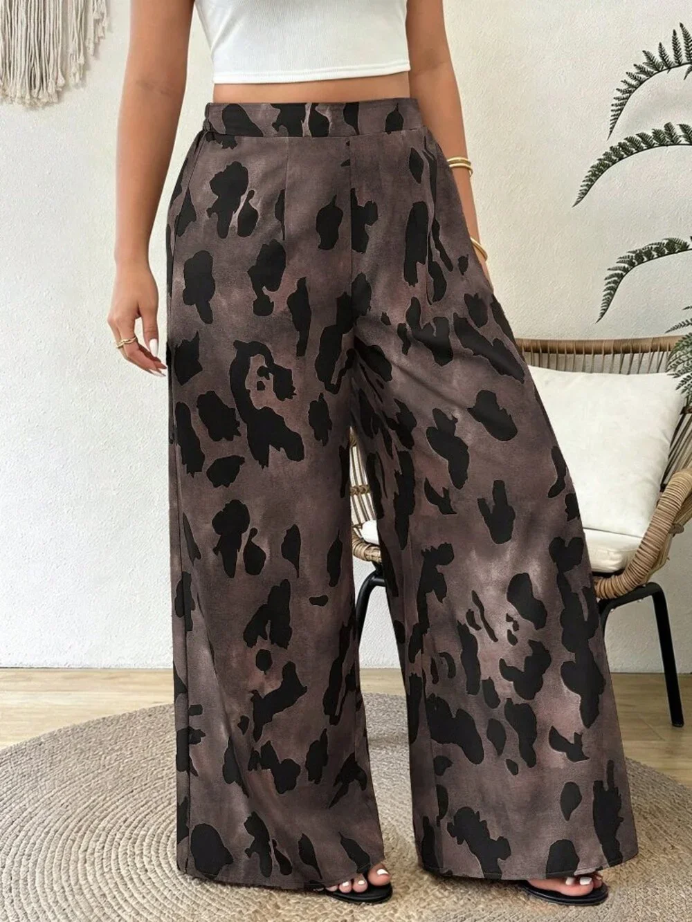 Mocha Brown Casual Women's Plus Size High Waist Wide Leg Loose Long Pants